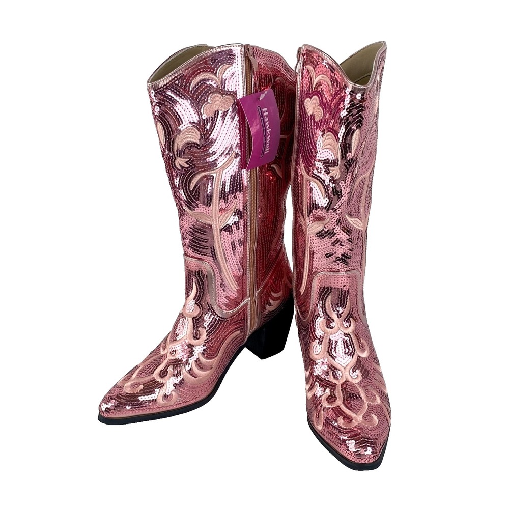 New Hawkwell Knee High Western Boots Women's 10 Pink Sequin Cowboy Embroidered